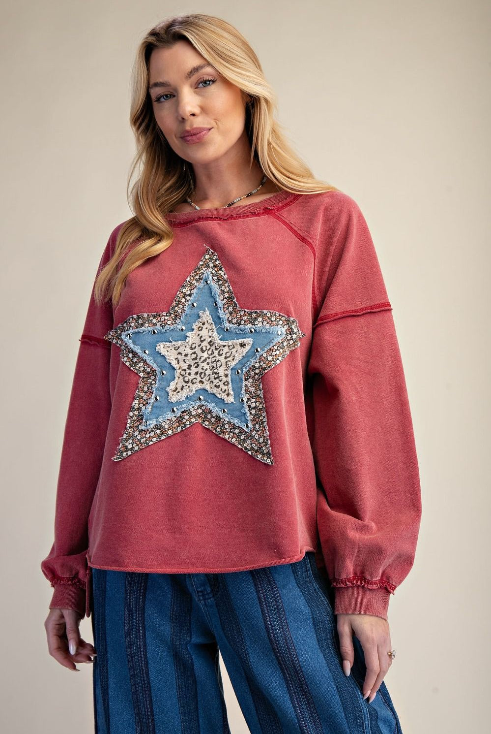 Easel Patchwork Star Mineral Washed Pullover - Red-Tops-Easel-Deja Nu Boutique, Women's Fashion Boutique in Lampasas, Texas