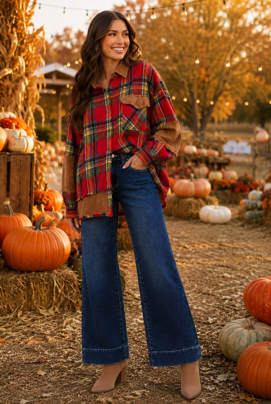 Easel Boho Red Mixed Plaid & Corduroy Shacket-Shackets-Easel-Deja Nu Boutique, Women's Fashion Boutique in Lampasas, Texas