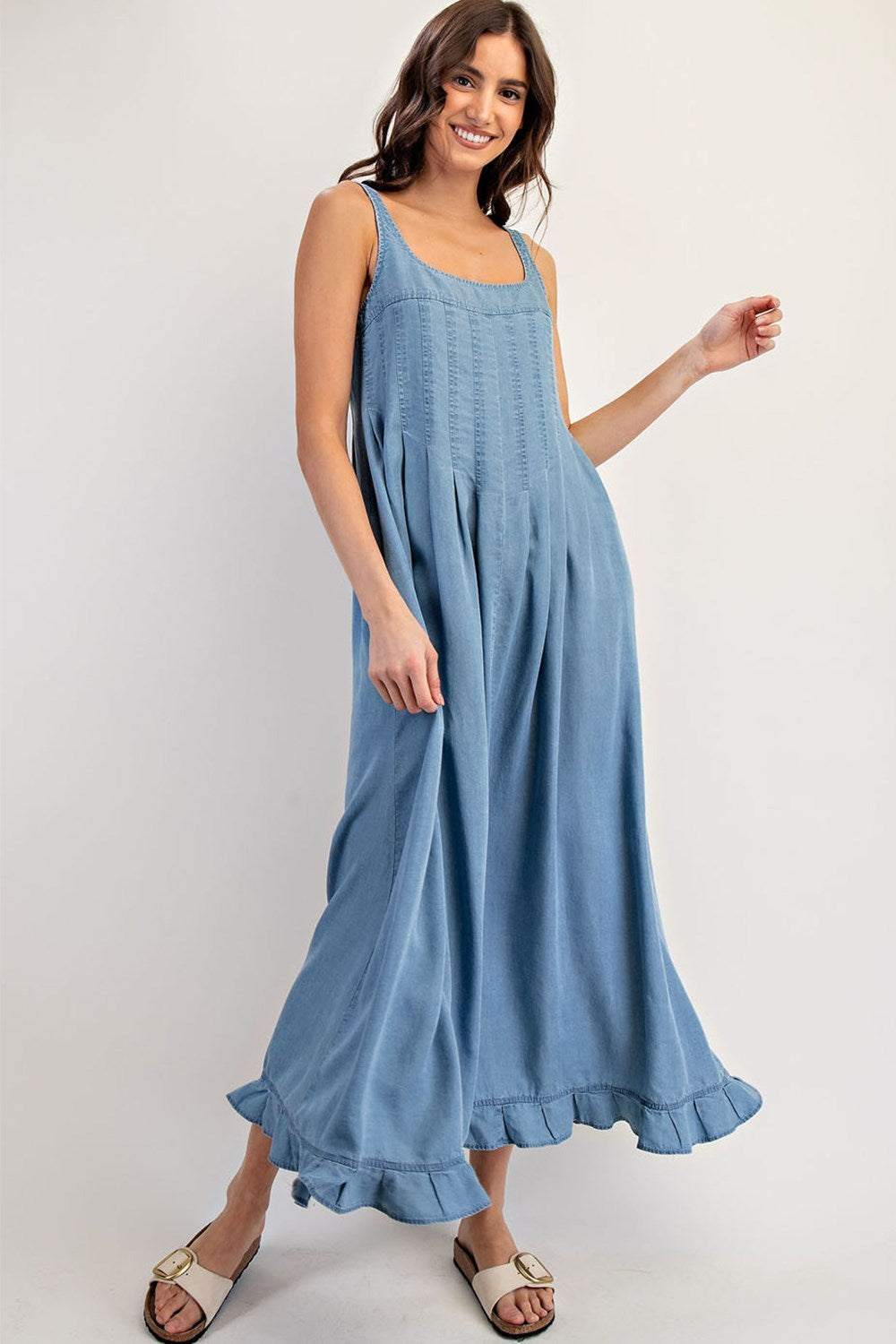 ee:Some Denim Ruffle Hem Sleeveless Maxi Dress-Maxi Dresses-ee:some-Deja Nu Boutique, Women's Fashion Boutique in Lampasas, Texas