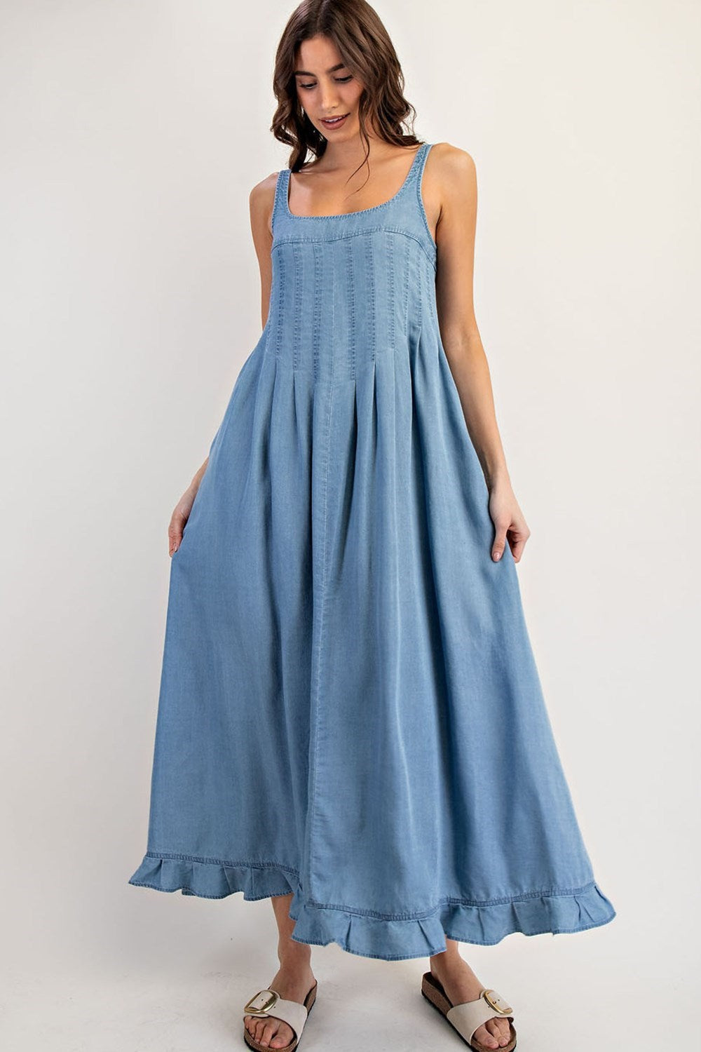 ee:Some Denim Ruffle Hem Sleeveless Maxi Dress-Maxi Dresses-ee:some-Deja Nu Boutique, Women's Fashion Boutique in Lampasas, Texas