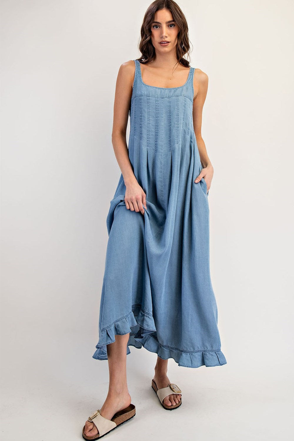ee:Some Denim Ruffle Hem Sleeveless Maxi Dress-Maxi Dresses-ee:some-Deja Nu Boutique, Women's Fashion Boutique in Lampasas, Texas