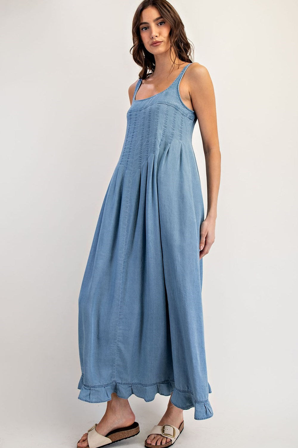 ee:Some Denim Ruffle Hem Sleeveless Maxi Dress-Maxi Dresses-ee:some-Deja Nu Boutique, Women's Fashion Boutique in Lampasas, Texas