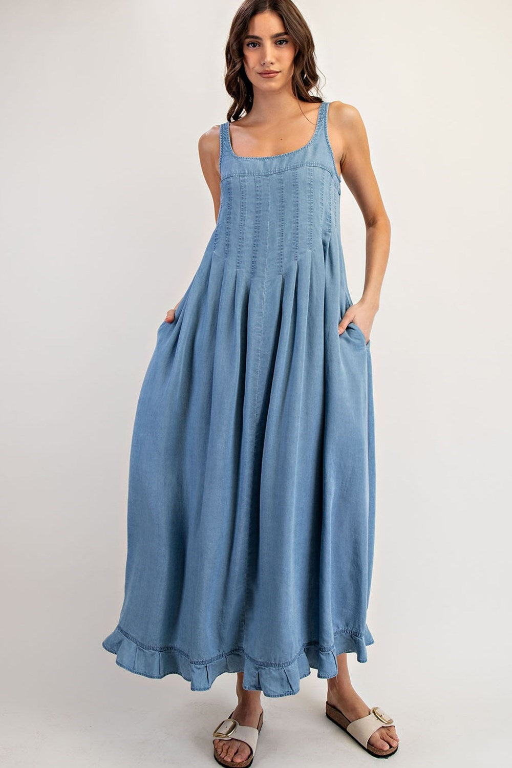 ee:Some Denim Ruffle Hem Sleeveless Maxi Dress-Maxi Dresses-ee:some-Deja Nu Boutique, Women's Fashion Boutique in Lampasas, Texas