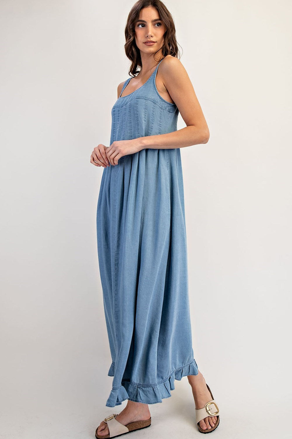 ee:Some Denim Ruffle Hem Sleeveless Maxi Dress-Maxi Dresses-ee:some-Deja Nu Boutique, Women's Fashion Boutique in Lampasas, Texas