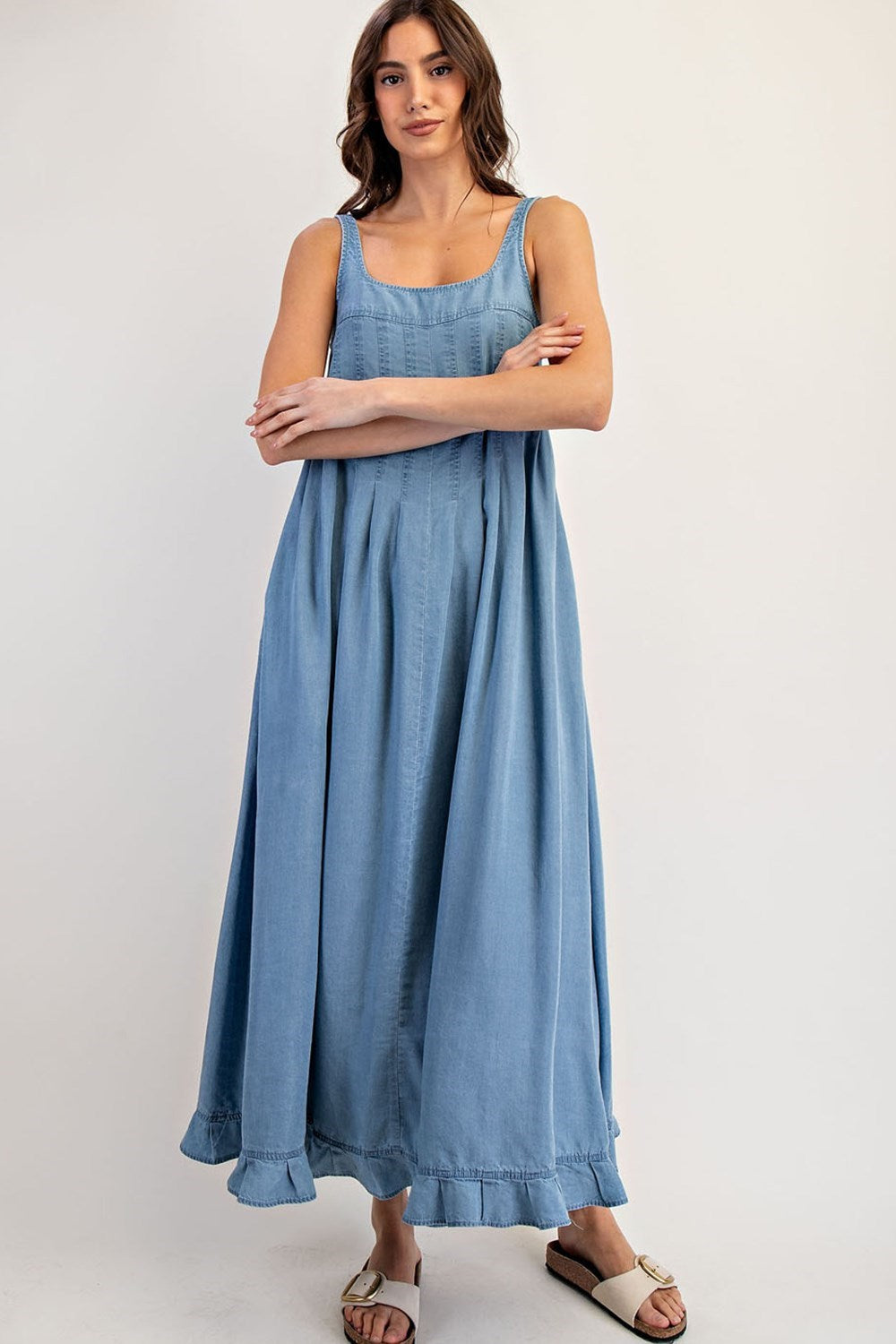 ee:Some Denim Ruffle Hem Sleeveless Maxi Dress-Maxi Dresses-ee:some-Deja Nu Boutique, Women's Fashion Boutique in Lampasas, Texas
