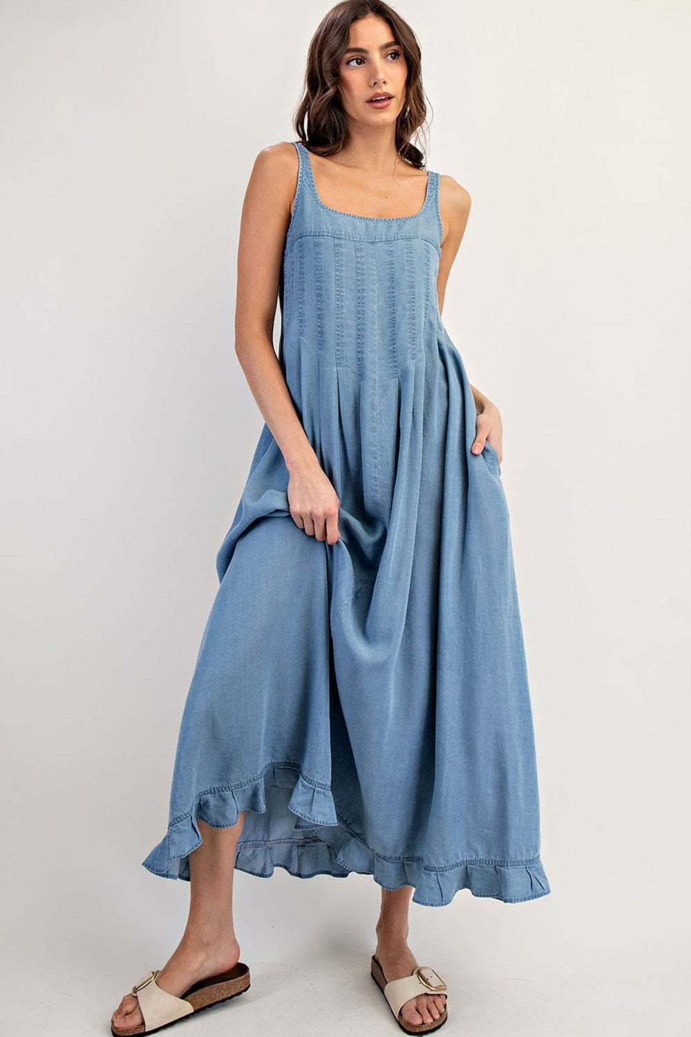 ee:Some Denim Ruffle Hem Sleeveless Maxi Dress-Maxi Dresses-ee:some-Deja Nu Boutique, Women's Fashion Boutique in Lampasas, Texas