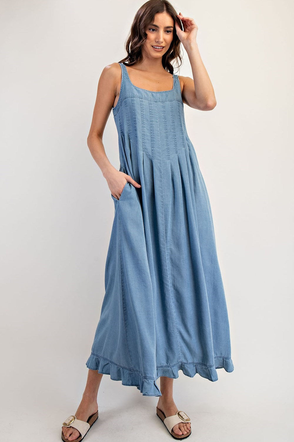 ee:Some Denim Ruffle Hem Sleeveless Maxi Dress-Maxi Dresses-ee:some-Deja Nu Boutique, Women's Fashion Boutique in Lampasas, Texas