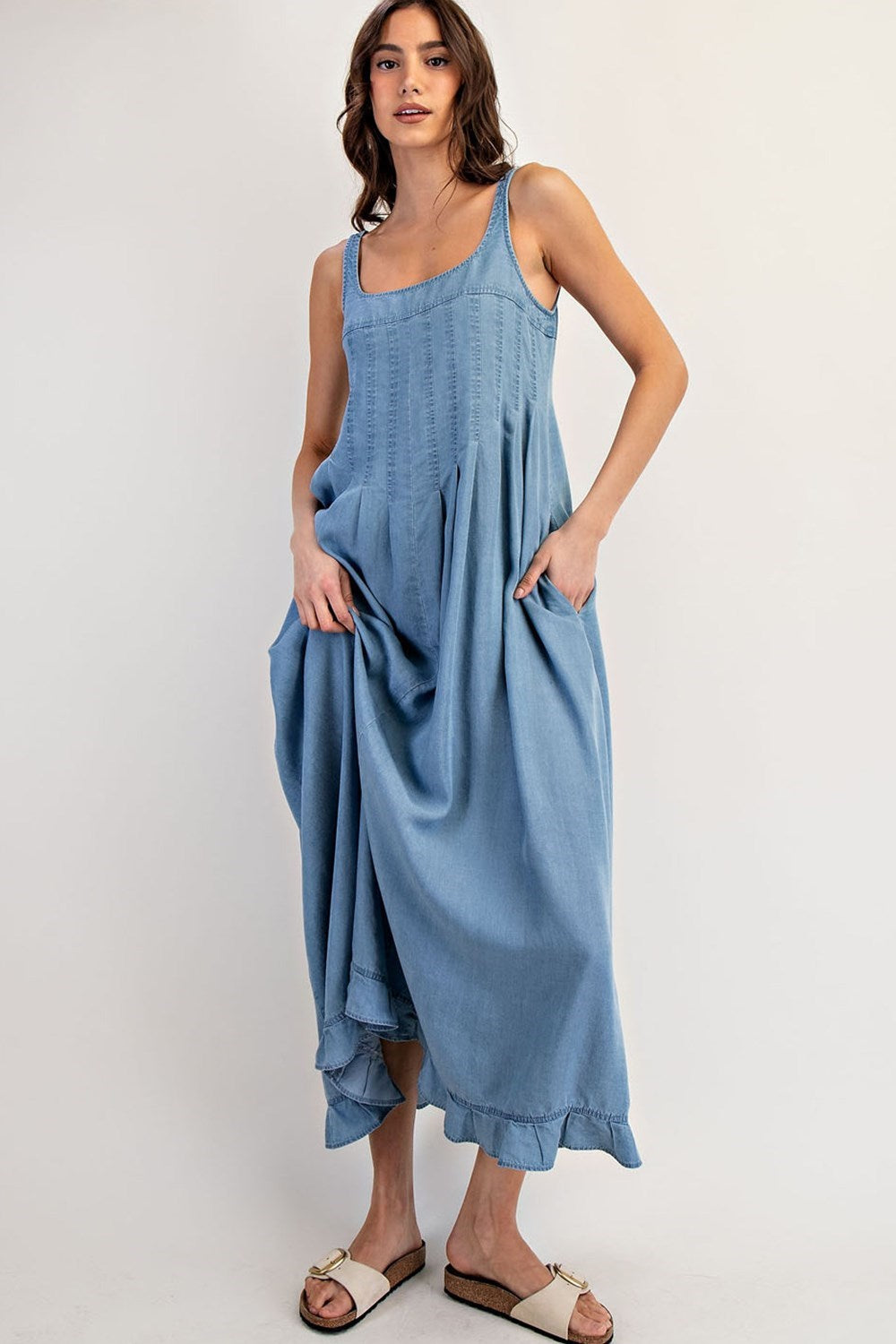 ee:Some Denim Ruffle Hem Sleeveless Maxi Dress-Maxi Dresses-ee:some-Deja Nu Boutique, Women's Fashion Boutique in Lampasas, Texas