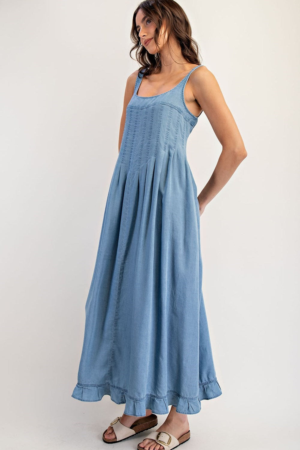 ee:Some Denim Ruffle Hem Sleeveless Maxi Dress-Maxi Dresses-ee:some-Deja Nu Boutique, Women's Fashion Boutique in Lampasas, Texas