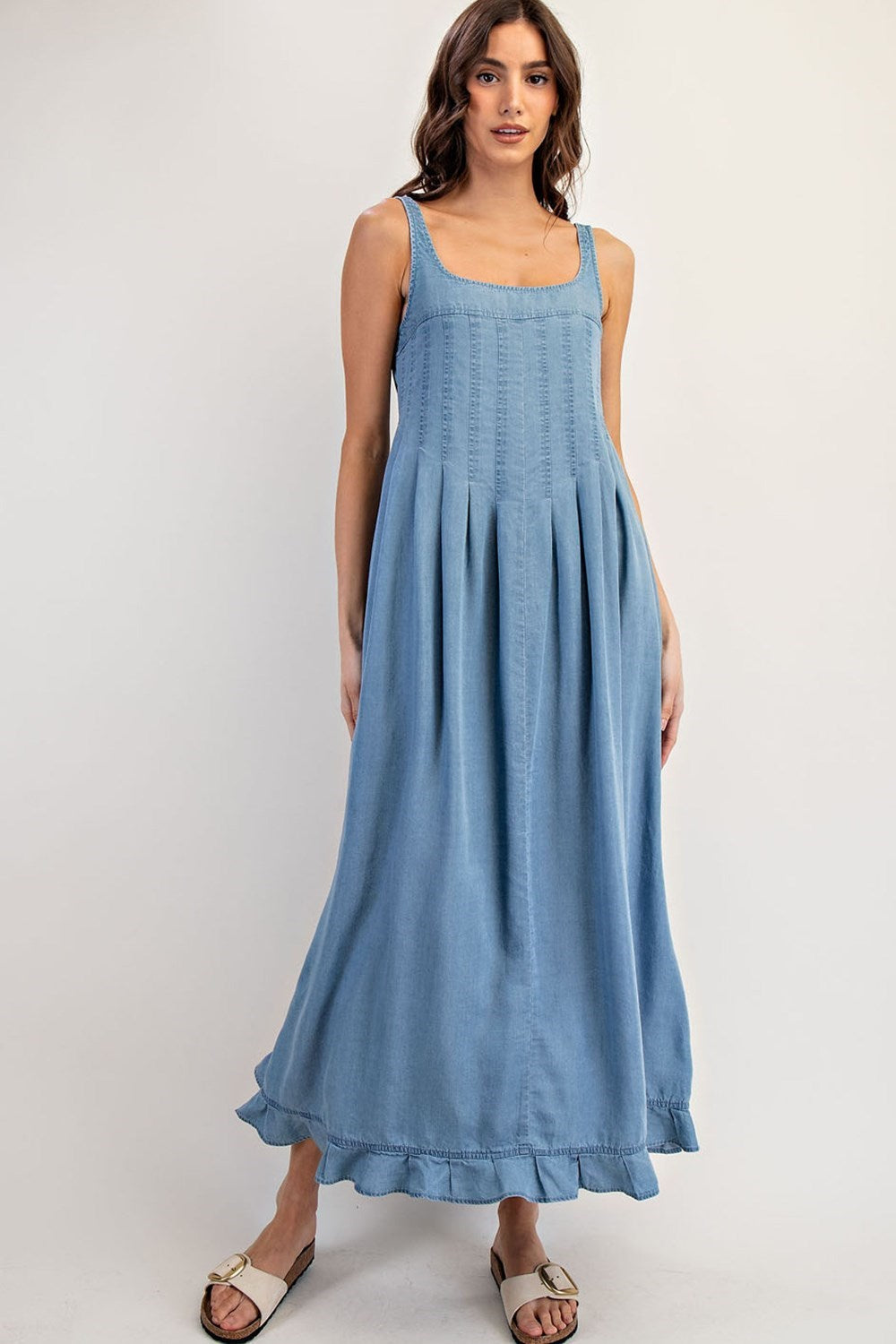 ee:Some Denim Ruffle Hem Sleeveless Maxi Dress-Maxi Dresses-ee:some-Deja Nu Boutique, Women's Fashion Boutique in Lampasas, Texas