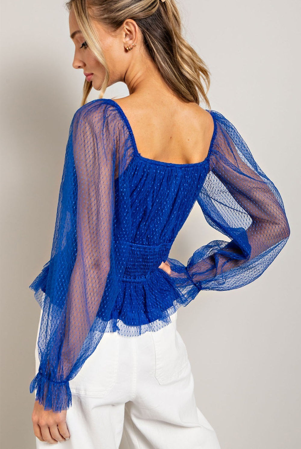 eeSome Royal Blue V Neck Mesh Dot Sleeve Blouse-Long Sleeves-ee:some-Deja Nu Boutique, Women's Fashion Boutique in Lampasas, Texas