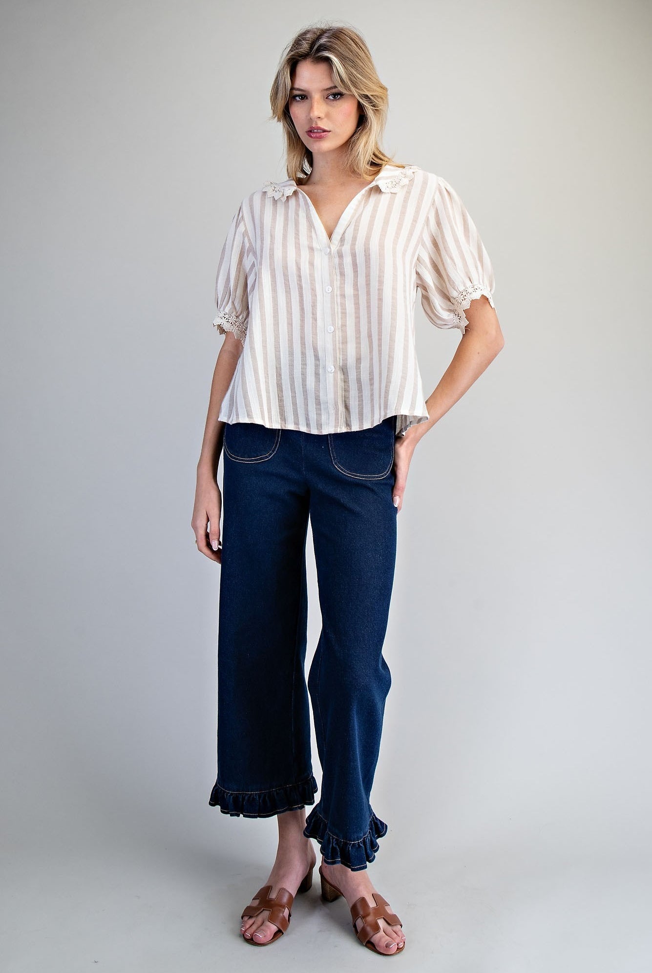 ee:some Lace Trim Striped Button Down Top – Natural-shirts-ee:some-Deja Nu Boutique, Women's Fashion Boutique in Lampasas, Texas