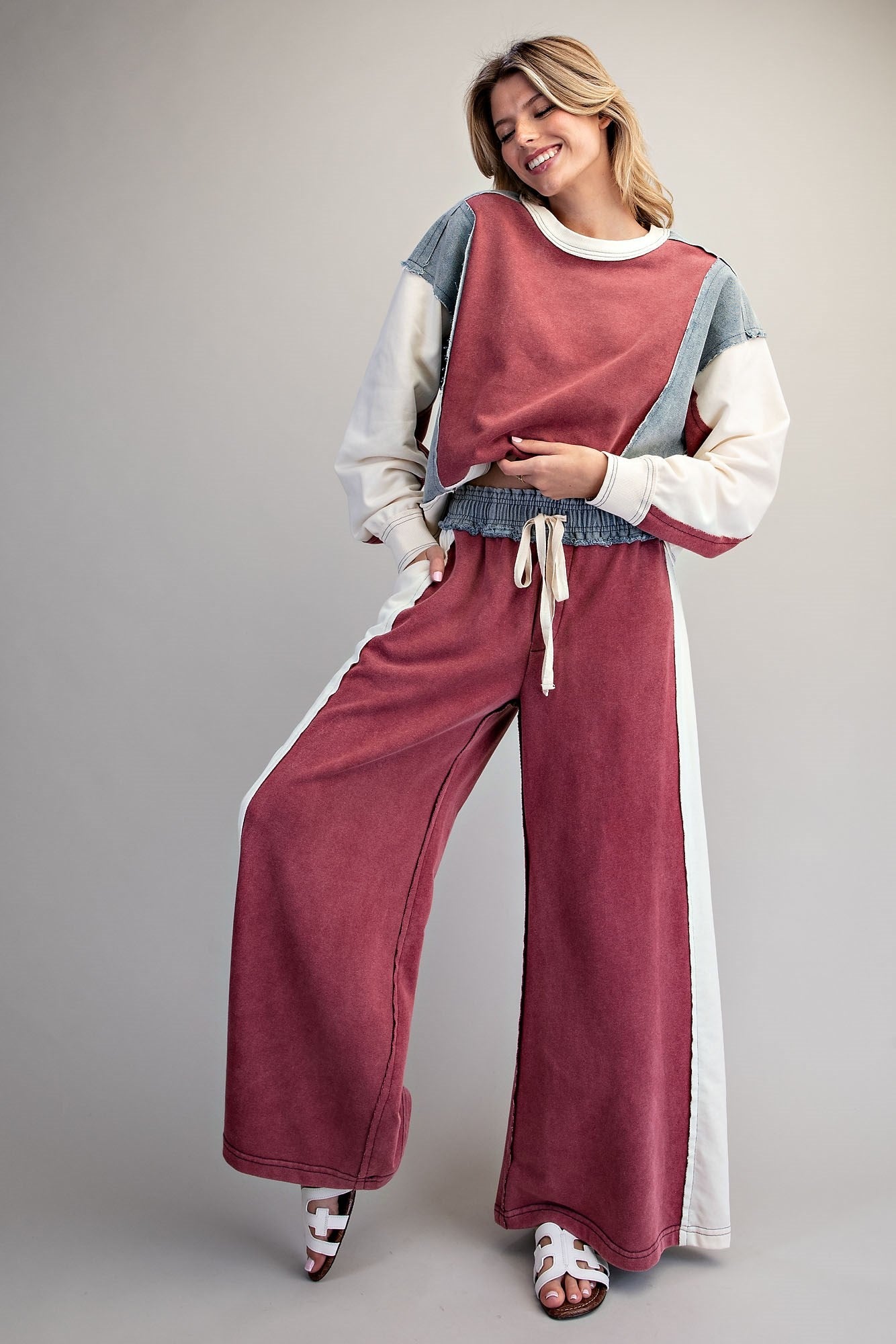 ee:some Color Block Denim Drawstring Pants in Red Bean-bottoms-ee:some-Deja Nu Boutique, Women's Fashion Boutique in Lampasas, Texas