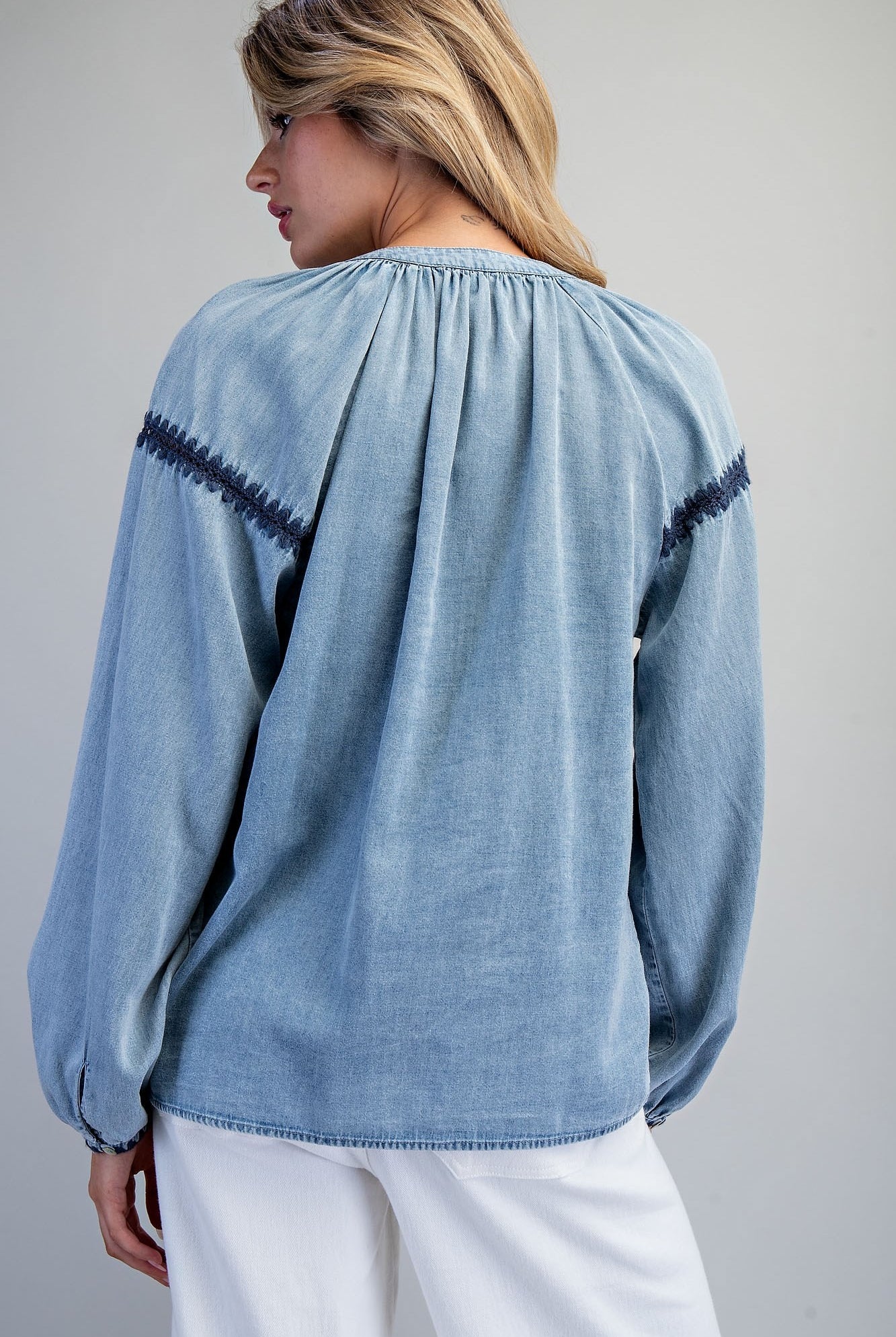 ee:some Contrast Mineral Washed Denim Blouse with Embroidery | Boho Balloon Sleeve Top-Tops-ee:some-Deja Nu Boutique, Women's Fashion Boutique in Lampasas, Texas