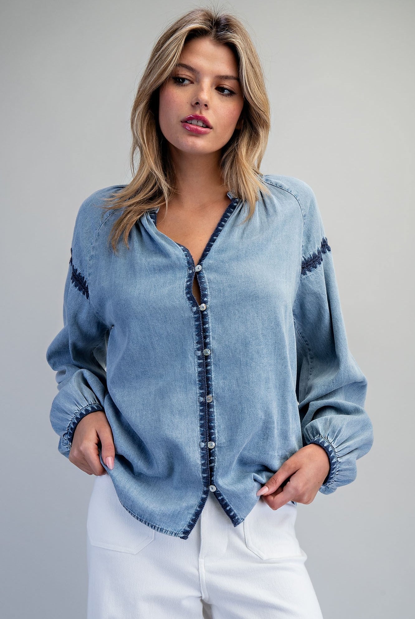 ee:some Contrast Mineral Washed Denim Blouse with Embroidery | Boho Balloon Sleeve Top-Tops-ee:some-Deja Nu Boutique, Women's Fashion Boutique in Lampasas, Texas