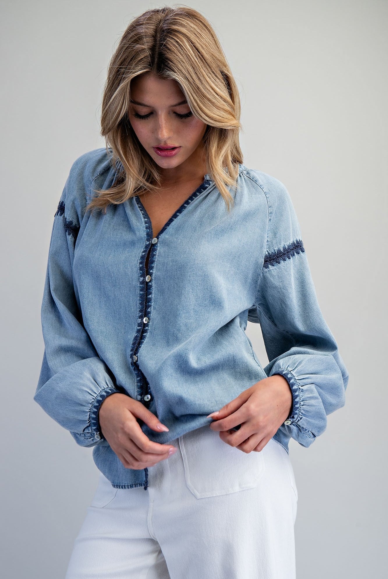 ee:some Contrast Mineral Washed Denim Blouse with Embroidery | Boho Balloon Sleeve Top-Tops-ee:some-Deja Nu Boutique, Women's Fashion Boutique in Lampasas, Texas
