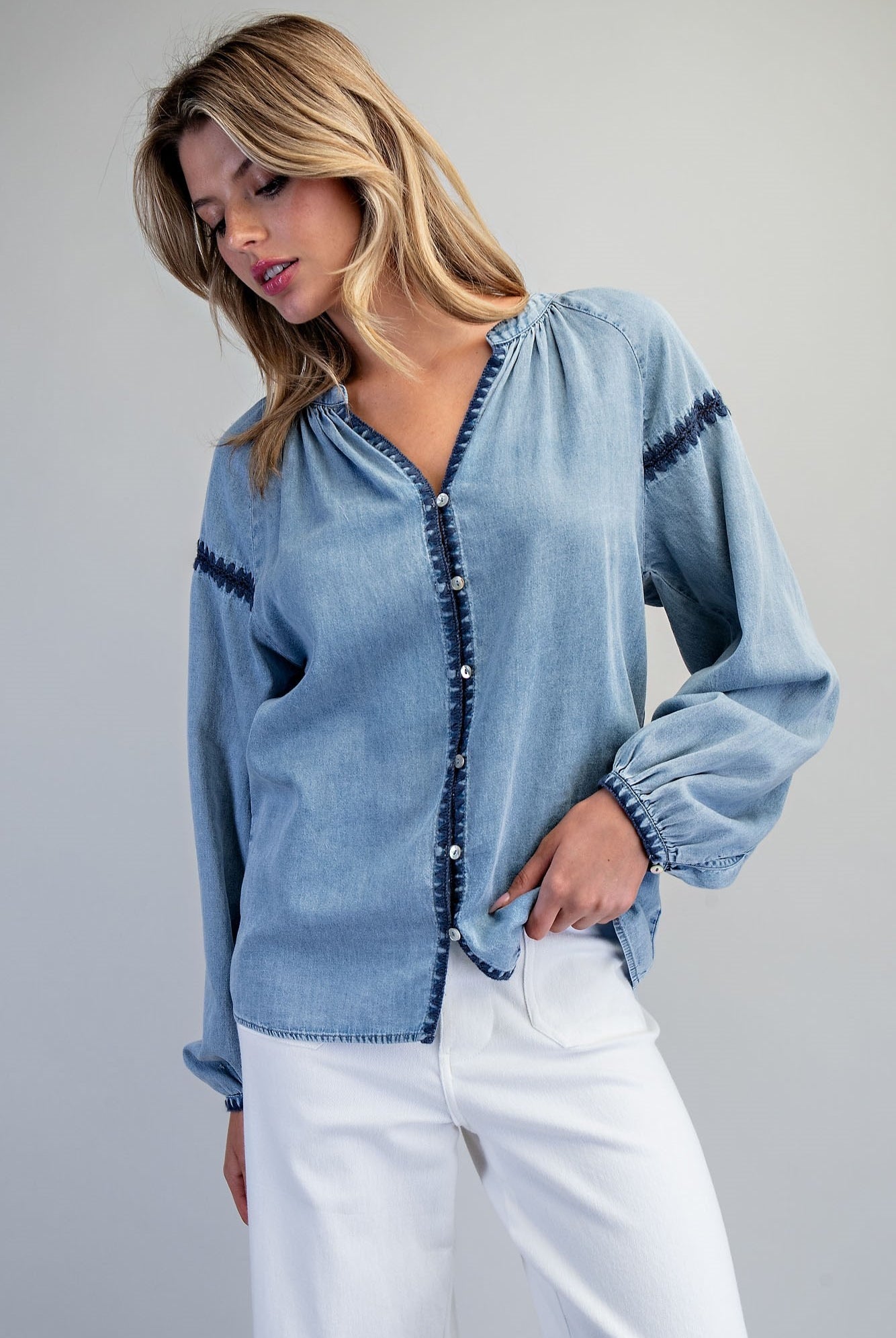 ee:some Contrast Mineral Washed Denim Blouse with Embroidery | Boho Balloon Sleeve Top-Tops-ee:some-Deja Nu Boutique, Women's Fashion Boutique in Lampasas, Texas