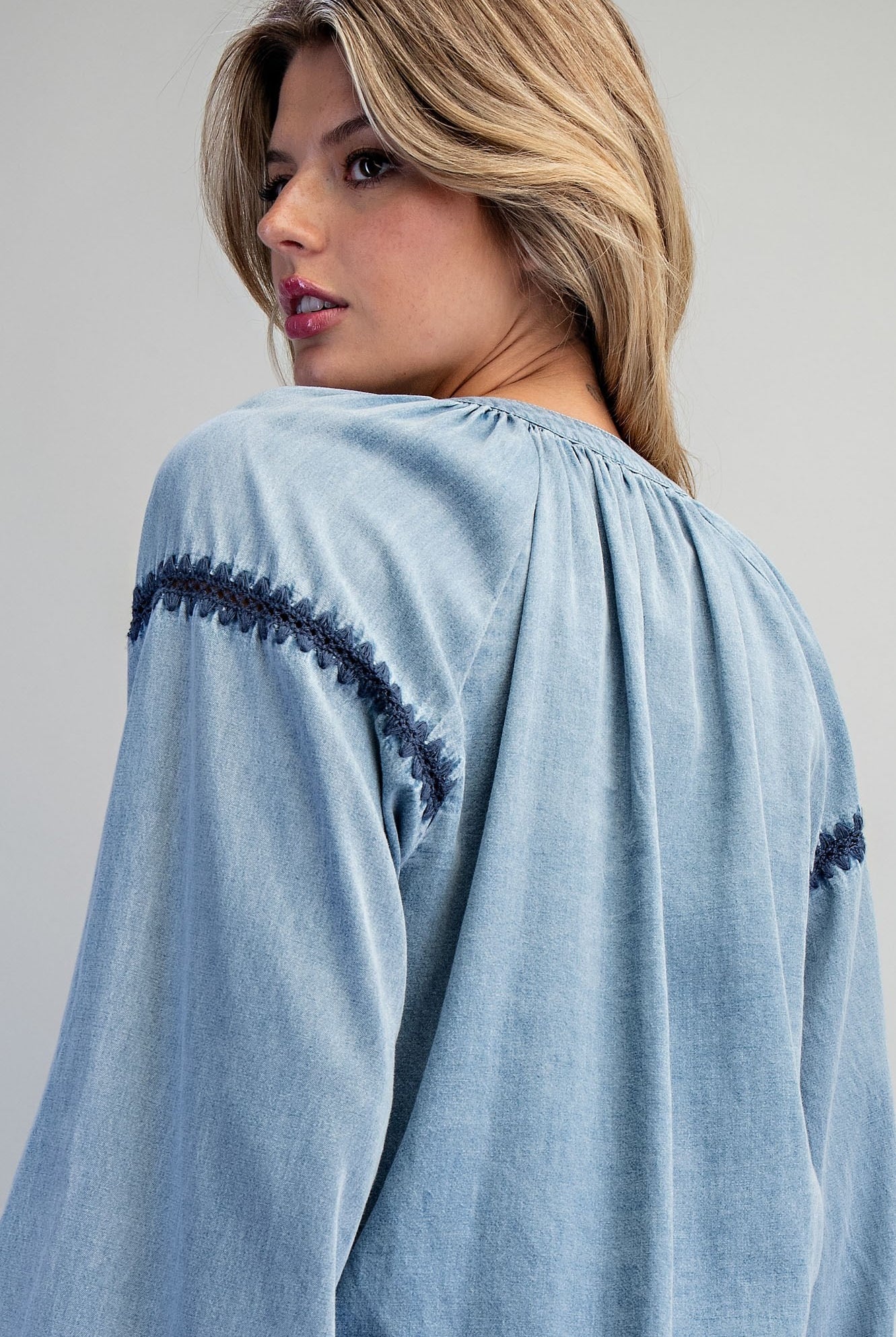 ee:some Contrast Mineral Washed Denim Blouse with Embroidery | Boho Balloon Sleeve Top-Tops-ee:some-Deja Nu Boutique, Women's Fashion Boutique in Lampasas, Texas