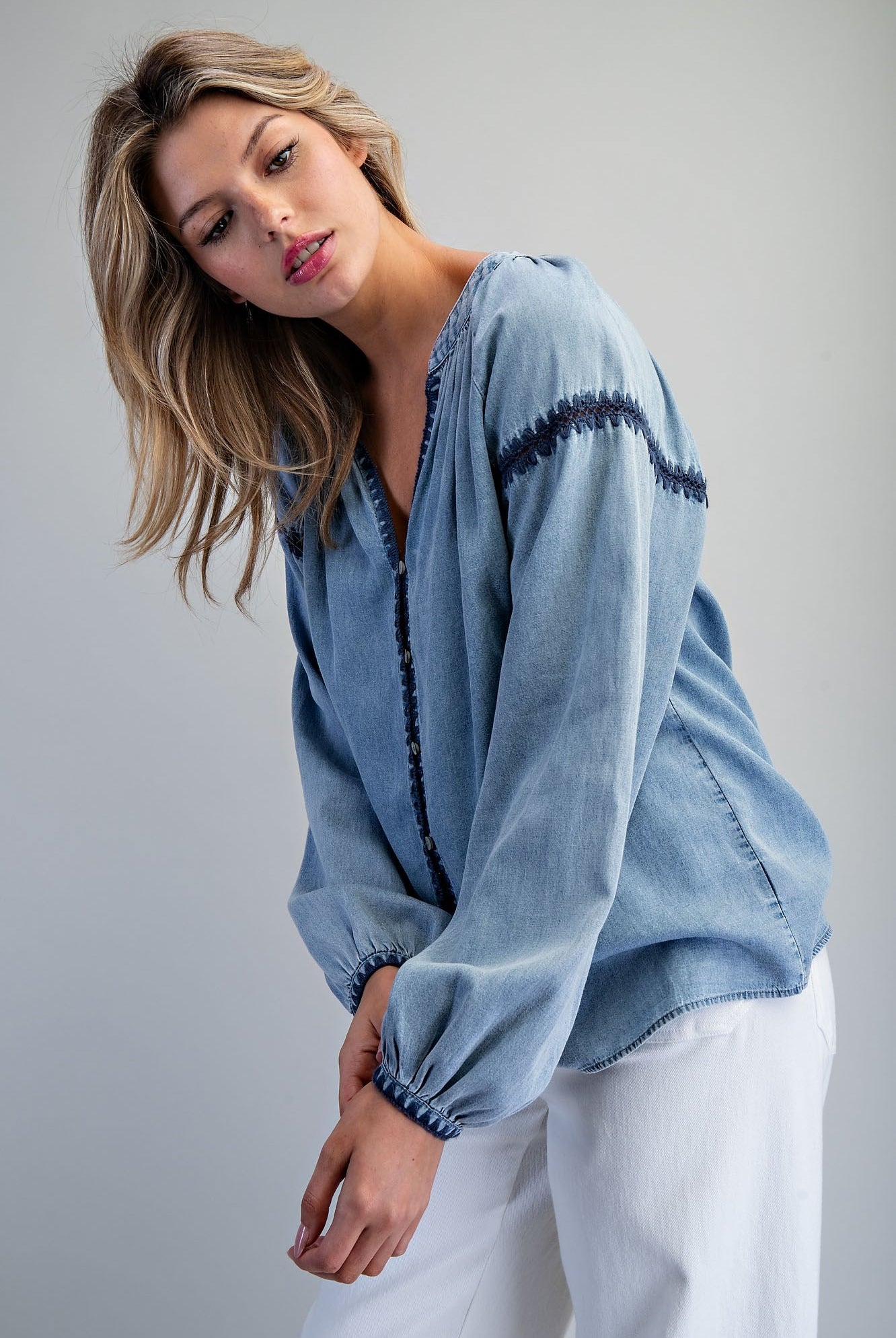 ee:some Contrast Mineral Washed Denim Blouse with Embroidery | Boho Balloon Sleeve Top-Tops-ee:some-Deja Nu Boutique, Women's Fashion Boutique in Lampasas, Texas