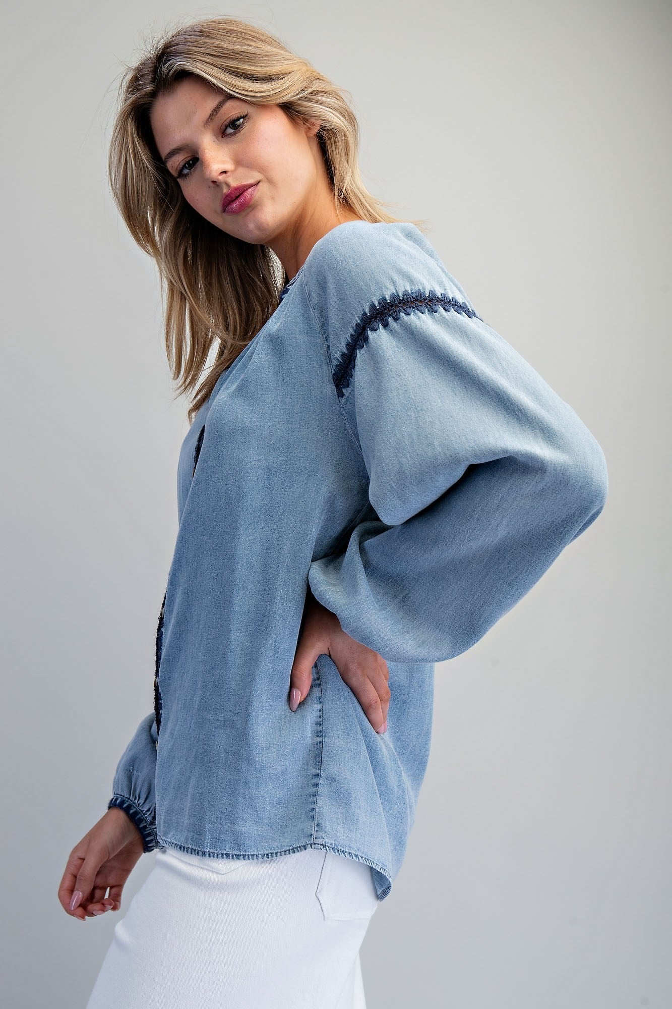 ee:some Contrast Mineral Washed Denim Blouse with Embroidery | Boho Balloon Sleeve Top-Tops-ee:some-Deja Nu Boutique, Women's Fashion Boutique in Lampasas, Texas