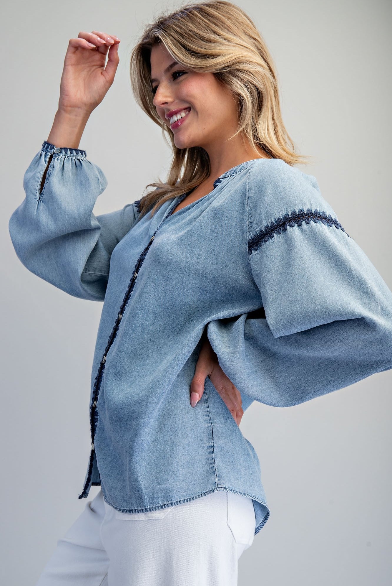 ee:some Contrast Mineral Washed Denim Blouse with Embroidery | Boho Balloon Sleeve Top-Tops-ee:some-Deja Nu Boutique, Women's Fashion Boutique in Lampasas, Texas