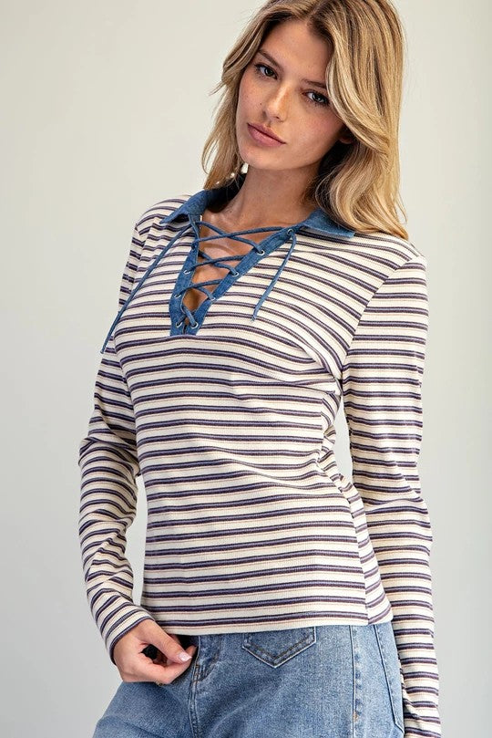 ee:some Mineral Washed Striped Lace-Up Top – Fig Cream-shirts-ee:some-Deja Nu Boutique, Women's Fashion Boutique in Lampasas, Texas