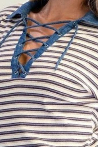 ee:some Mineral Washed Striped Lace-Up Top – Fig Cream-shirts-ee:some-Deja Nu Boutique, Women's Fashion Boutique in Lampasas, Texas