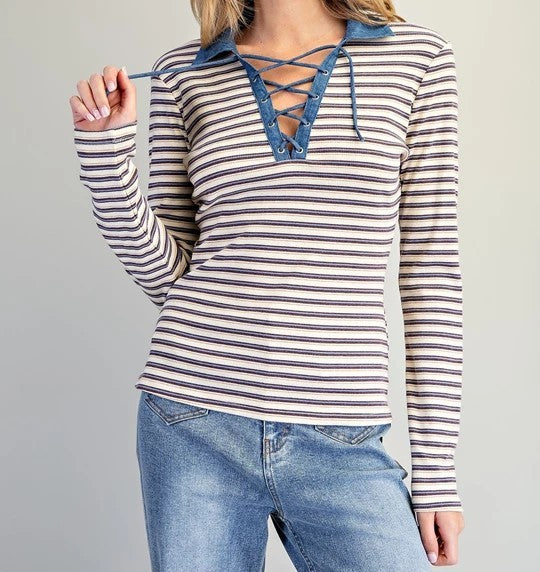 ee:some Mineral Washed Striped Lace-Up Top – Fig Cream-shirts-ee:some-Deja Nu Boutique, Women's Fashion Boutique in Lampasas, Texas