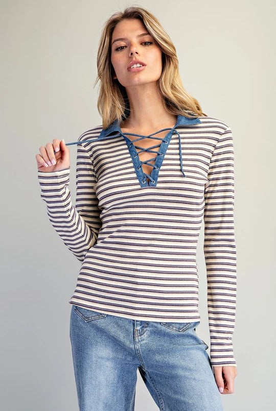 ee:some Mineral Washed Striped Lace-Up Top – Fig Cream-shirts-ee:some-Deja Nu Boutique, Women's Fashion Boutique in Lampasas, Texas