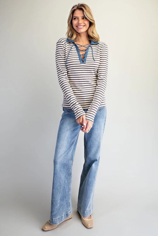 ee:some Mineral Washed Striped Lace-Up Top – Fig Cream-shirts-ee:some-Deja Nu Boutique, Women's Fashion Boutique in Lampasas, Texas