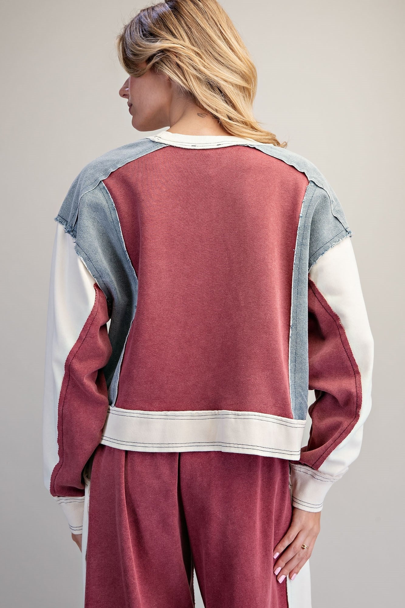 ee:some Frayed Color Block Pullover in Red Bean-Tops-ee:some-Deja Nu Boutique, Women's Fashion Boutique in Lampasas, Texas