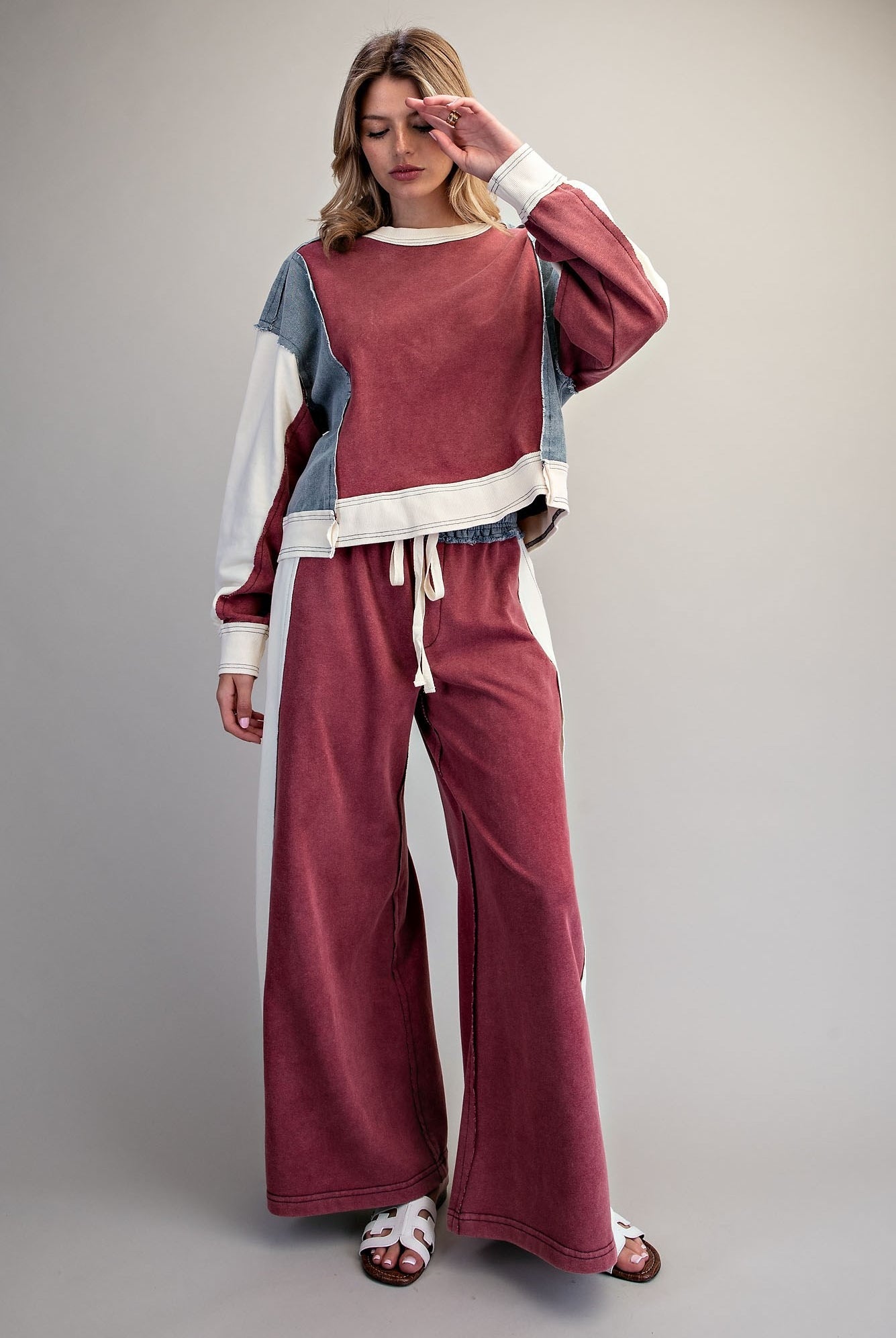 ee:some Frayed Color Block Pullover in Red Bean-Tops-ee:some-Deja Nu Boutique, Women's Fashion Boutique in Lampasas, Texas