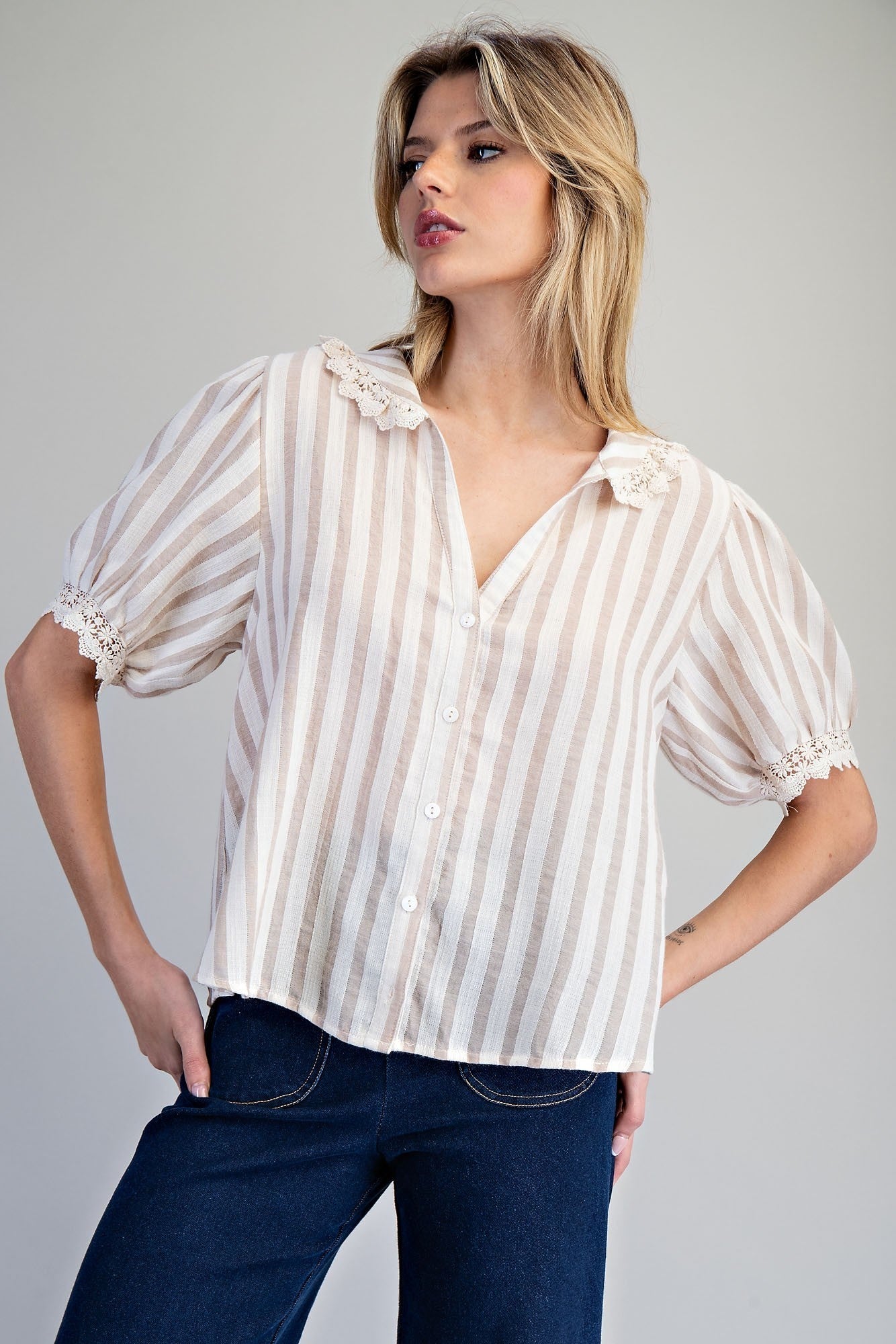 ee:some Lace Trim Striped Button Down Top – Natural-shirts-ee:some-Deja Nu Boutique, Women's Fashion Boutique in Lampasas, Texas