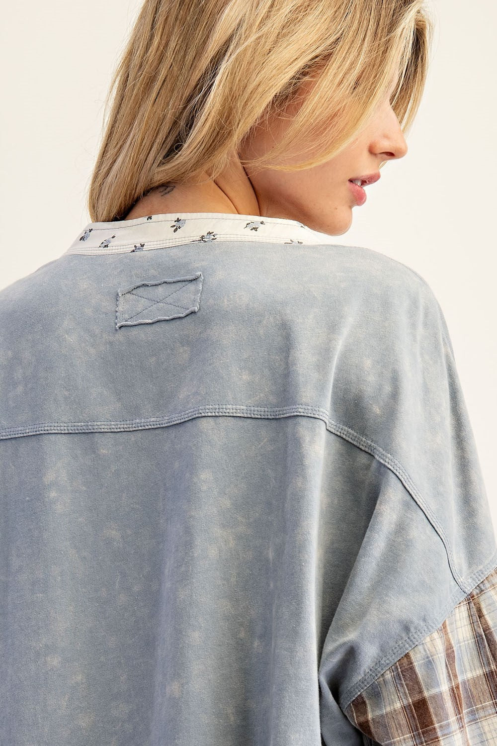 ee:some Mineral Washed Floral Trim Plaid Contrast Top-Tops-ee:some-Deja Nu Boutique, Women's Fashion Boutique in Lampasas, Texas
