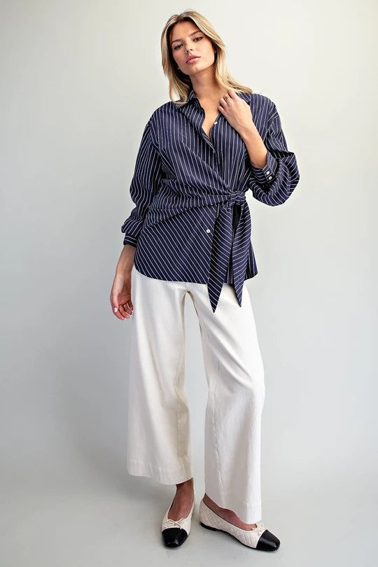 ee:some Navy Pinstriped Tie Waist Button-Down Blouse-shirts-ee:some-Deja Nu Boutique, Women's Fashion Boutique in Lampasas, Texas