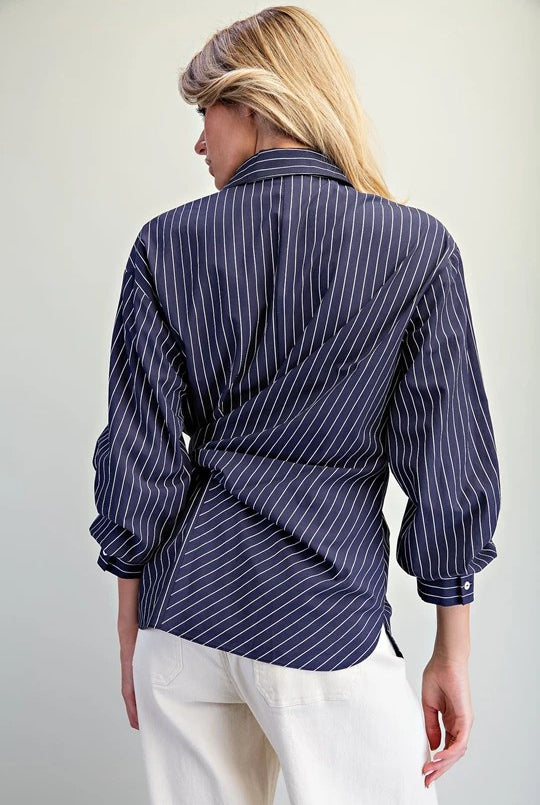 ee:some Navy Pinstriped Tie Waist Button-Down Blouse-shirts-ee:some-Deja Nu Boutique, Women's Fashion Boutique in Lampasas, Texas