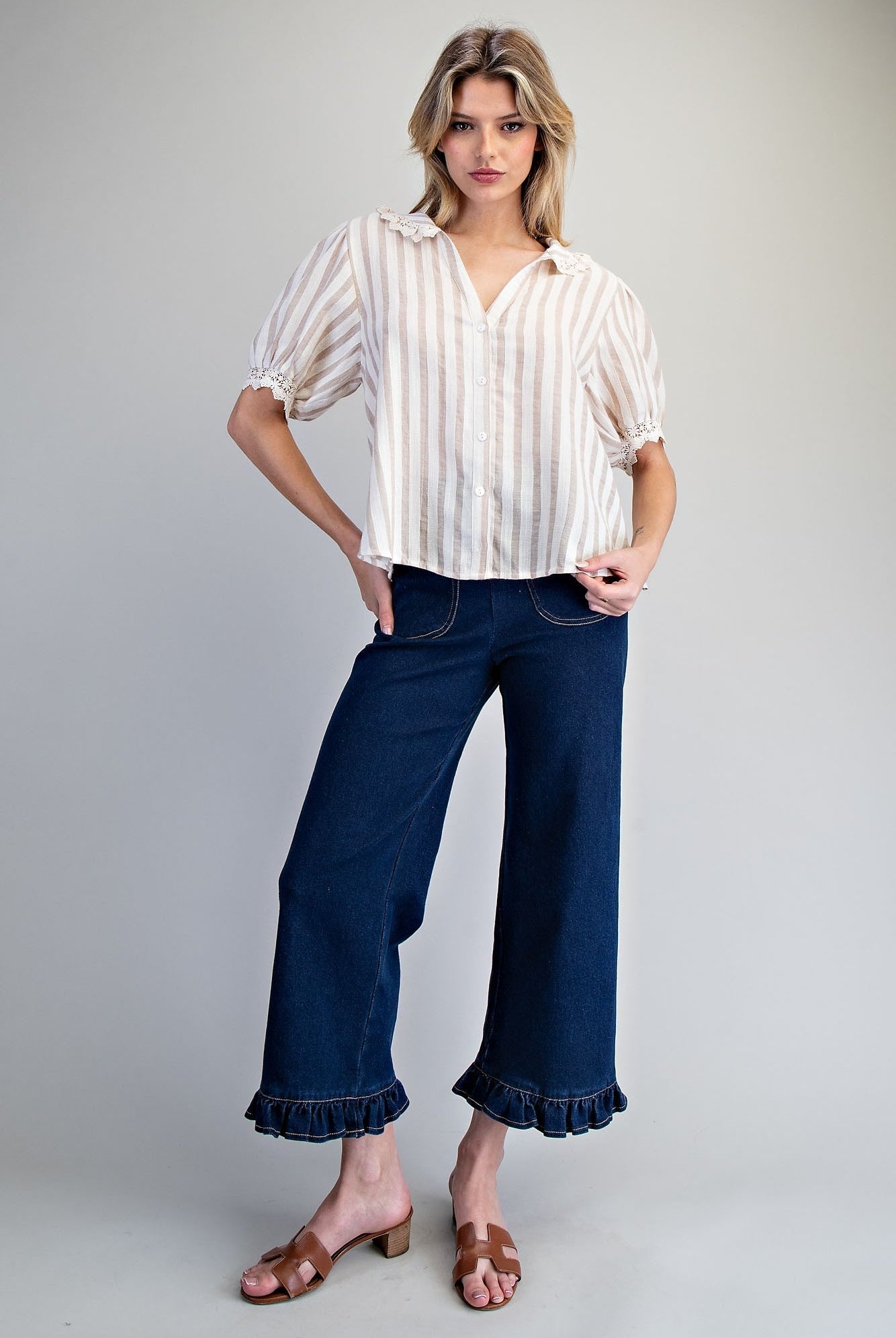 ee:some Lace Trim Striped Button Down Top – Natural-shirts-ee:some-Deja Nu Boutique, Women's Fashion Boutique in Lampasas, Texas