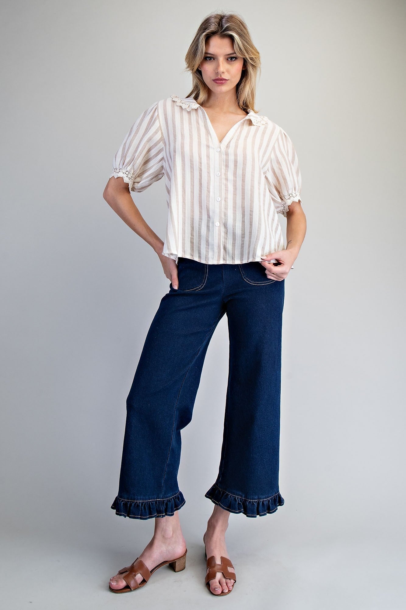 ee:some Lace Trim Striped Button Down Top – Natural-shirts-ee:some-Deja Nu Boutique, Women's Fashion Boutique in Lampasas, Texas