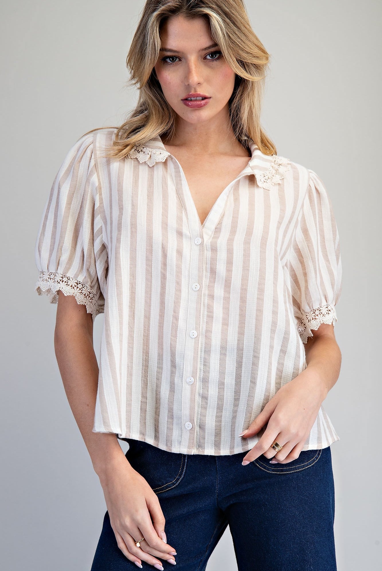 ee:some Lace Trim Striped Button Down Top – Natural-shirts-ee:some-Deja Nu Boutique, Women's Fashion Boutique in Lampasas, Texas