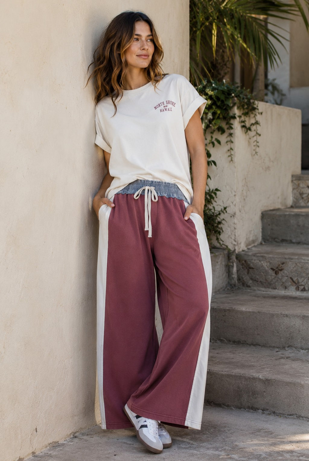 ee:some Color Block Denim Drawstring Pants in Red Bean-bottoms-ee:some-Deja Nu Boutique, Women's Fashion Boutique in Lampasas, Texas