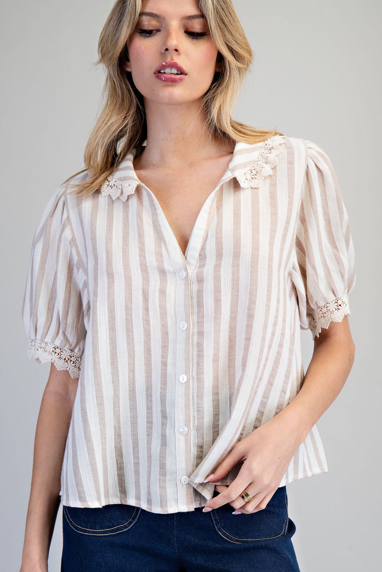 ee:some Lace Trim Striped Button Down Top – Natural-shirts-ee:some-Deja Nu Boutique, Women's Fashion Boutique in Lampasas, Texas
