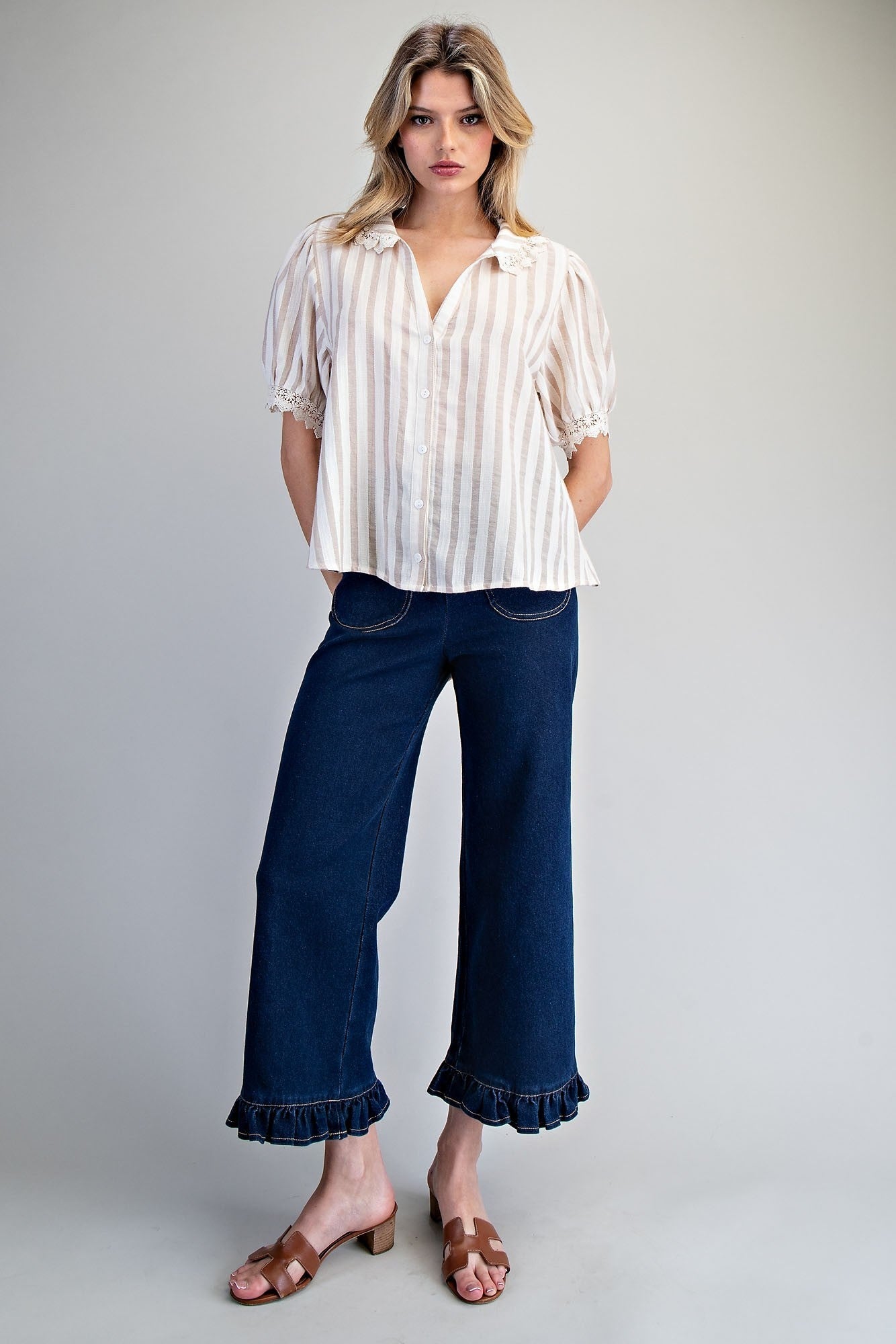 ee:some Lace Trim Striped Button Down Top – Natural-shirts-ee:some-Deja Nu Boutique, Women's Fashion Boutique in Lampasas, Texas