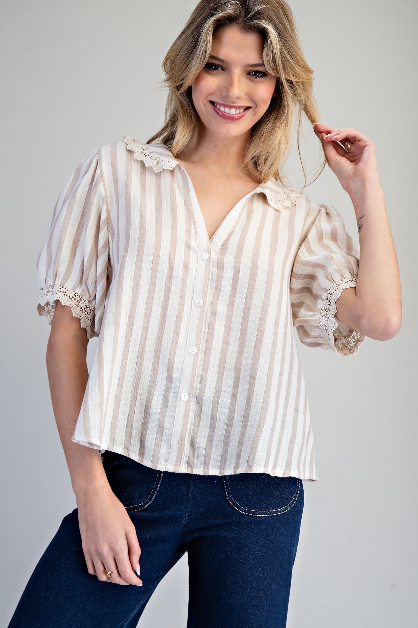 ee:some Lace Trim Striped Button Down Top – Natural-shirts-ee:some-Deja Nu Boutique, Women's Fashion Boutique in Lampasas, Texas