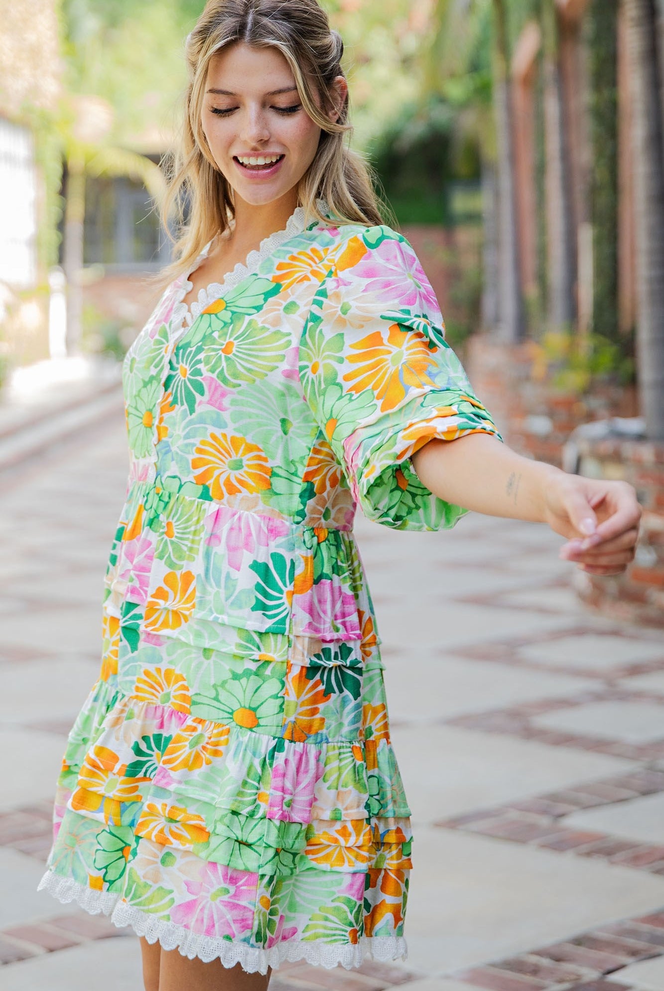 ee:some Floral Lace Trim Tiered Mini Dress – Spring Green Multi-mini dress-eesome-Deja Nu Boutique, Women's Fashion Boutique in Lampasas, Texas