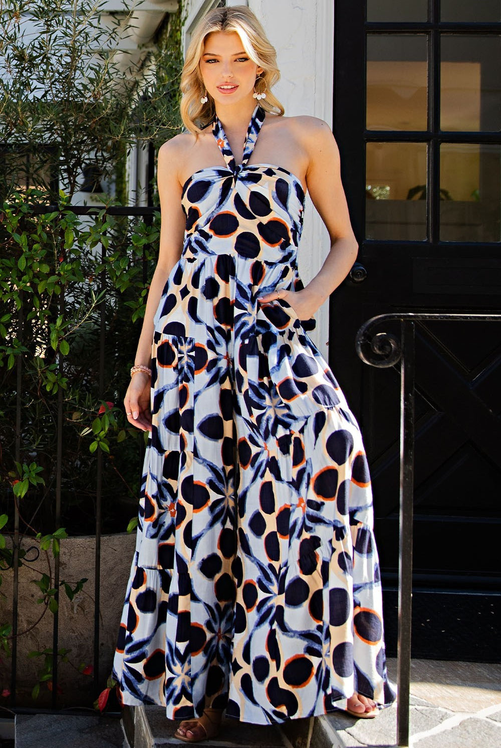 ee:some Abstract Indigo Tiered Halter Neck Jumpsuit – Smocked Back, Bold Statement Piece-Rompers & Jumpsuits-ee:some-Deja Nu Boutique, Women's Fashion Boutique in Lampasas, Texas