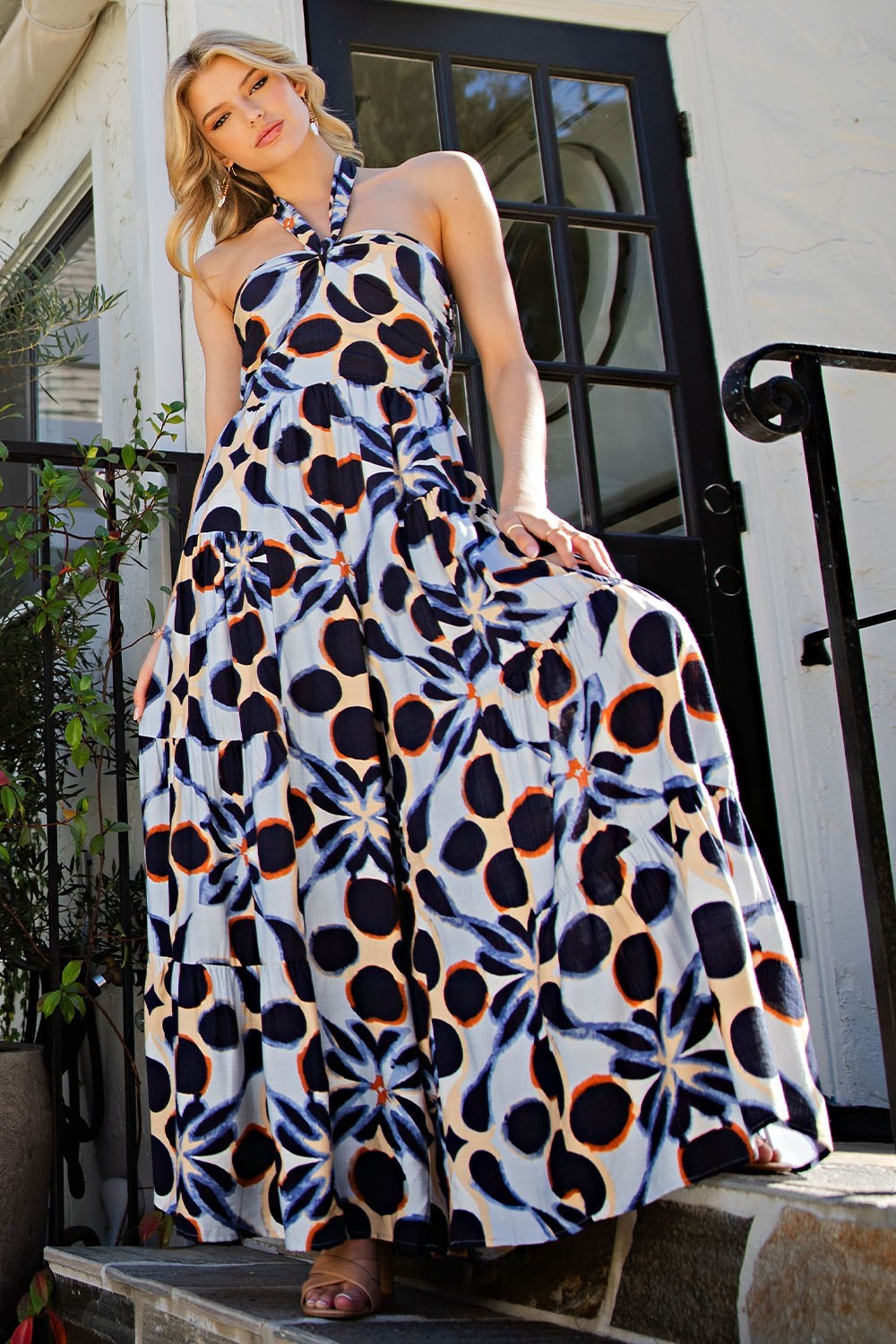 ee:some Abstract Indigo Tiered Halter Neck Jumpsuit – Smocked Back, Bold Statement Piece-Rompers & Jumpsuits-ee:some-Deja Nu Boutique, Women's Fashion Boutique in Lampasas, Texas