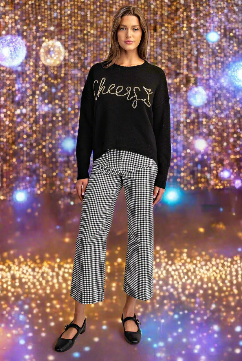 ee:some Cheers Beaded Long Sleeve Sweater In Black Champagne-Sweaters-ee:some-Deja Nu Boutique, Women's Fashion Boutique in Lampasas, Texas