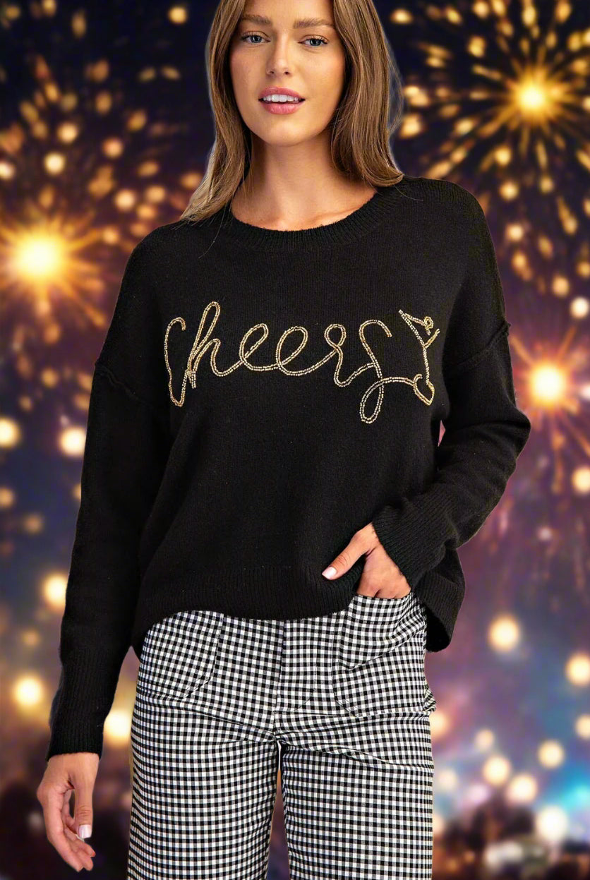 ee:some Cheers Beaded Long Sleeve Sweater In Black Champagne-Sweaters-ee:some-Deja Nu Boutique, Women's Fashion Boutique in Lampasas, Texas