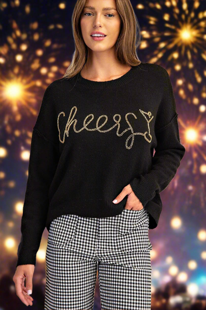 ee:some Cheers Beaded Long Sleeve Sweater In Black Champagne-Sweaters-ee:some-Deja Nu Boutique, Women's Fashion Boutique in Lampasas, Texas