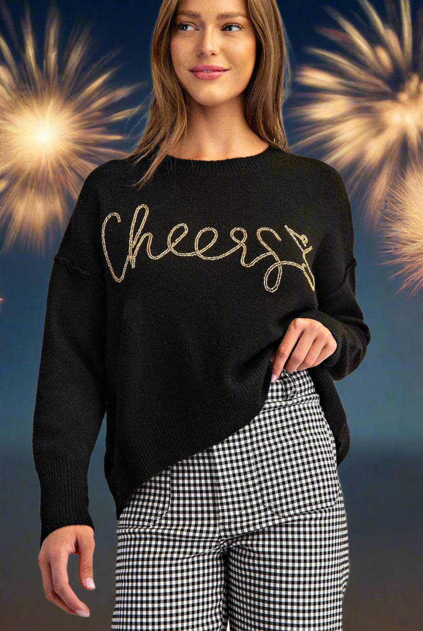 ee:some Cheers Beaded Long Sleeve Sweater In Black Champagne-Sweaters-ee:some-Deja Nu Boutique, Women's Fashion Boutique in Lampasas, Texas